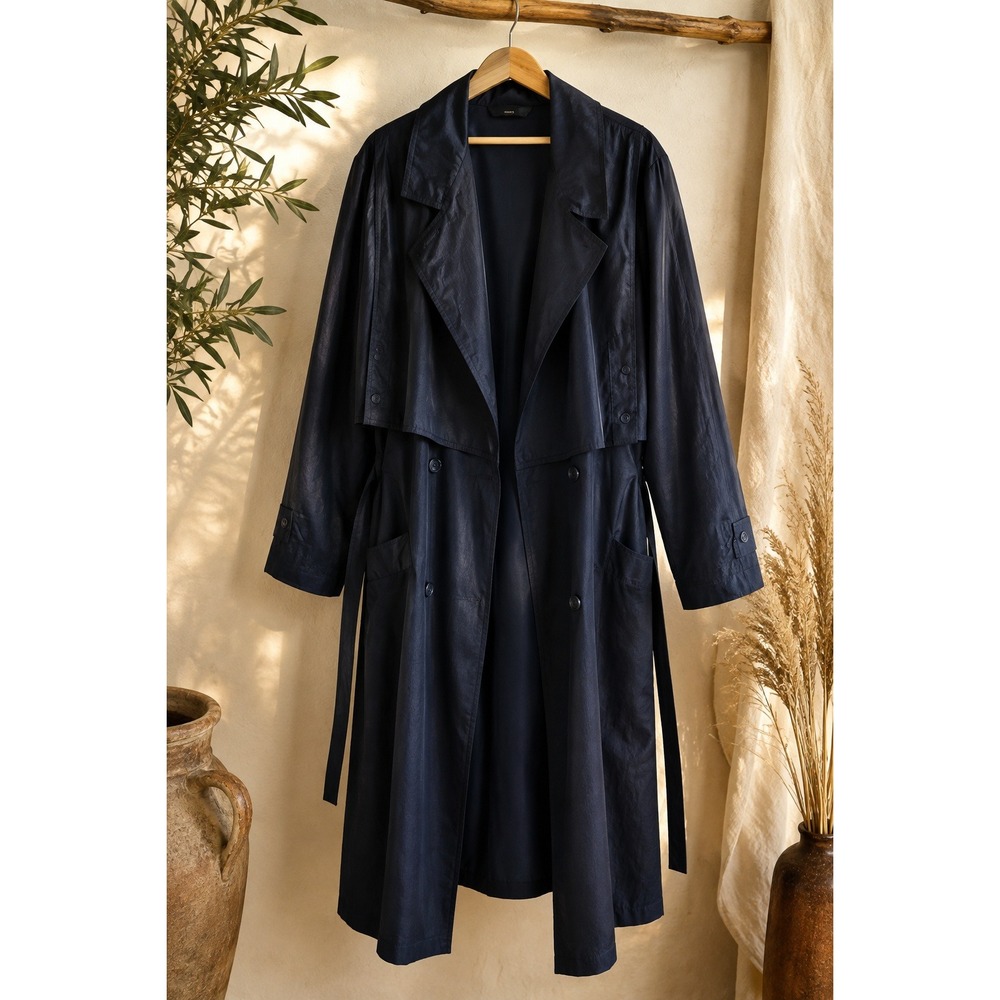 Vintage 90s Long Trench Coat Navy Oversized Storm Flap Belted Duster 11/12
